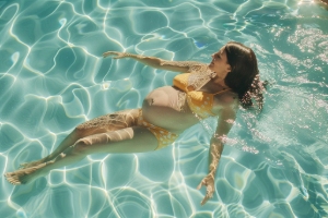 Embarazada nada en una piscina al sol
